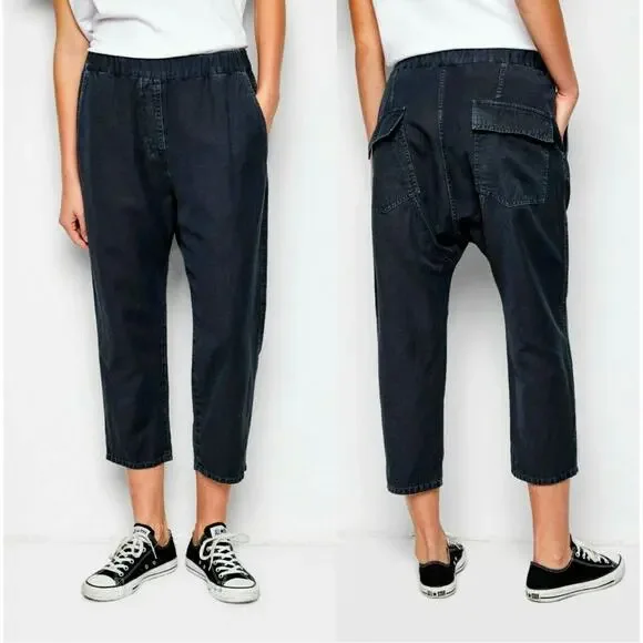 Nili Lotan XS Slouchy Elastic Waist LINEN Luna Pant Crop Black Drop Crotch 0 2 - Picture 4 of 9